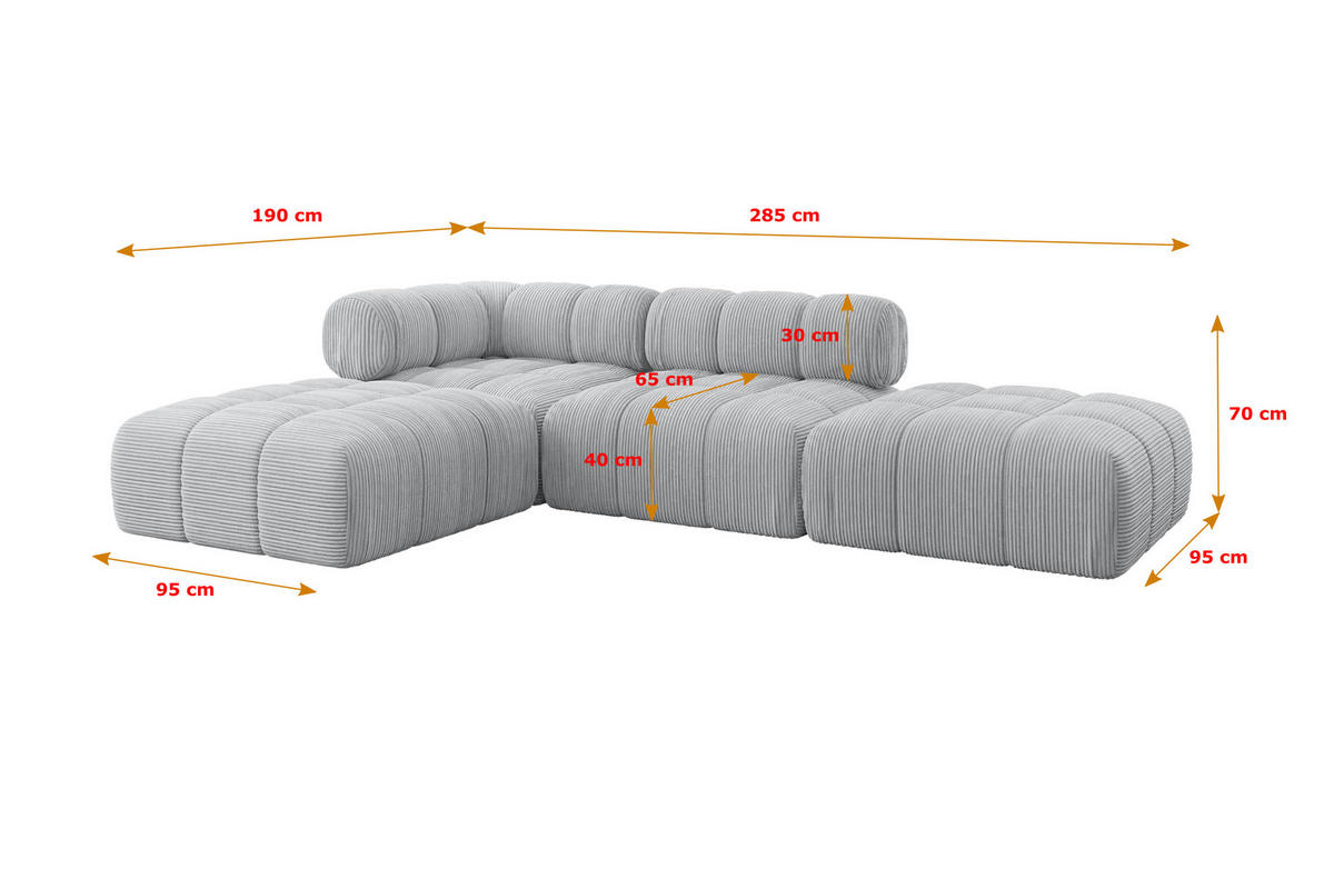 ECKSOFA modulares Sofa Kerru-L1 - 285x190x70 cm Grau Cord - Grau, Holzwerkstoff/Textil (285/190cm) - ALTDECOR