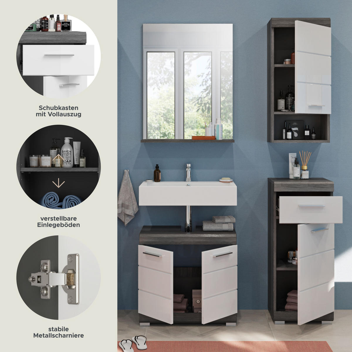 BADKOMBINATION 4tlg. Scout Bad in Rauchsilber Nachbildung und weiß hochglanz B/H/T: 112x191x34 cm - Anthrazit, Holz (112/191/34cm)