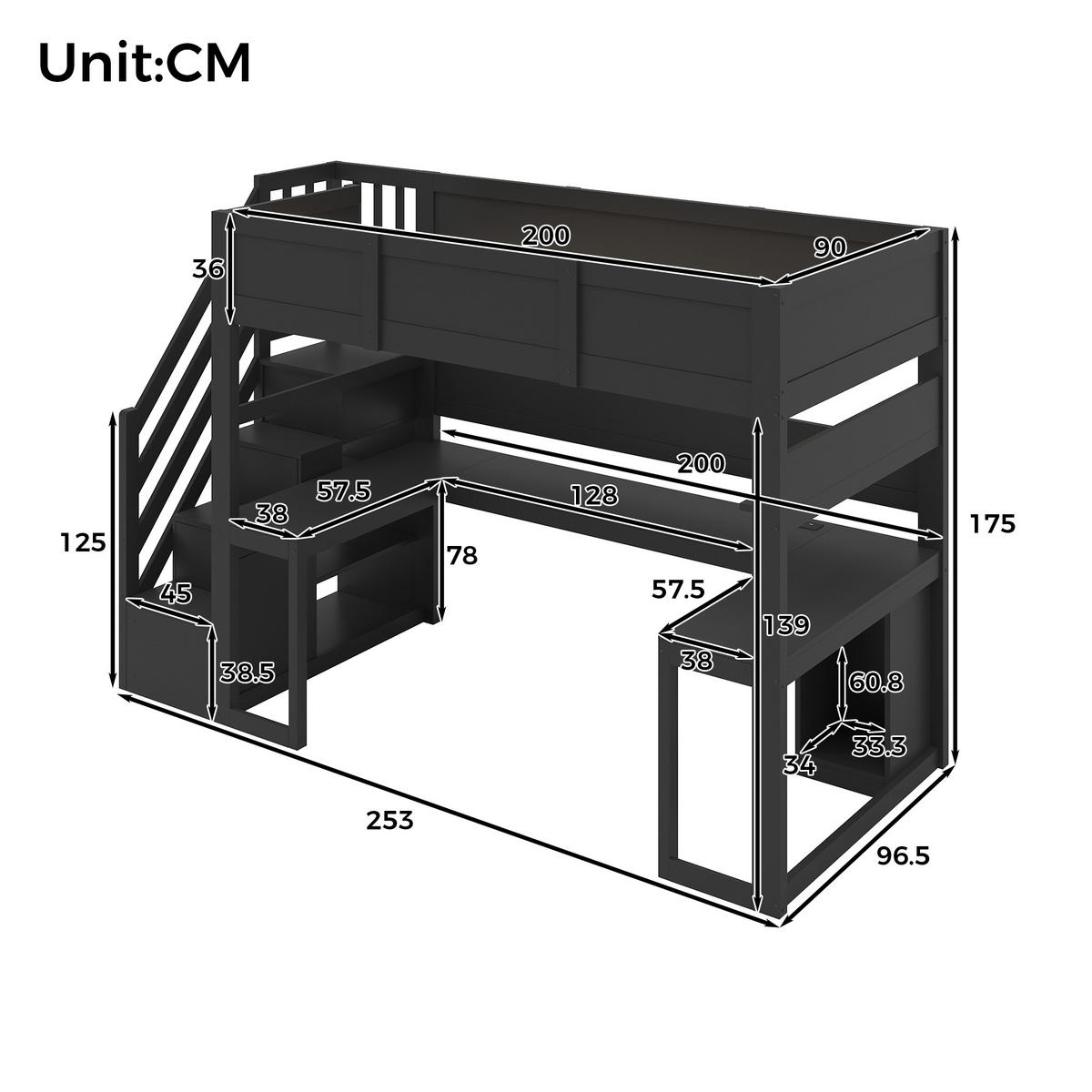 HOCHBETT 90 x 200 cm mit Schreibtisch LED-Beleuchtung und USB-Anschluss, Schwarz - Schwarz, Holz (90/200cm) - KOMHTOM