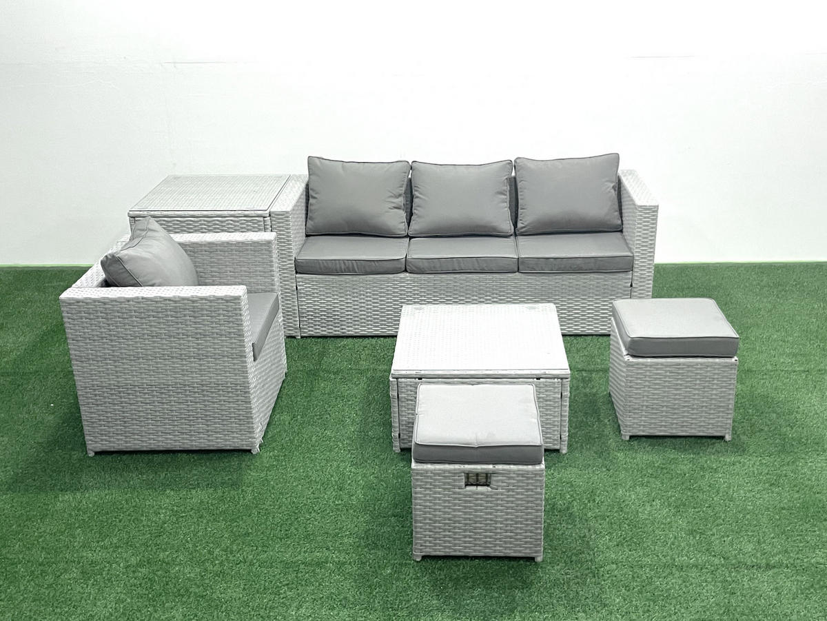 GARTENMÖBELSET mit 3-SITZER SOFA,COUCHTISCH Polyrattan Hellgrau-Mix 6-Sitzer - Hellgrau/Grau, Glas/Kunststoff - Fimous