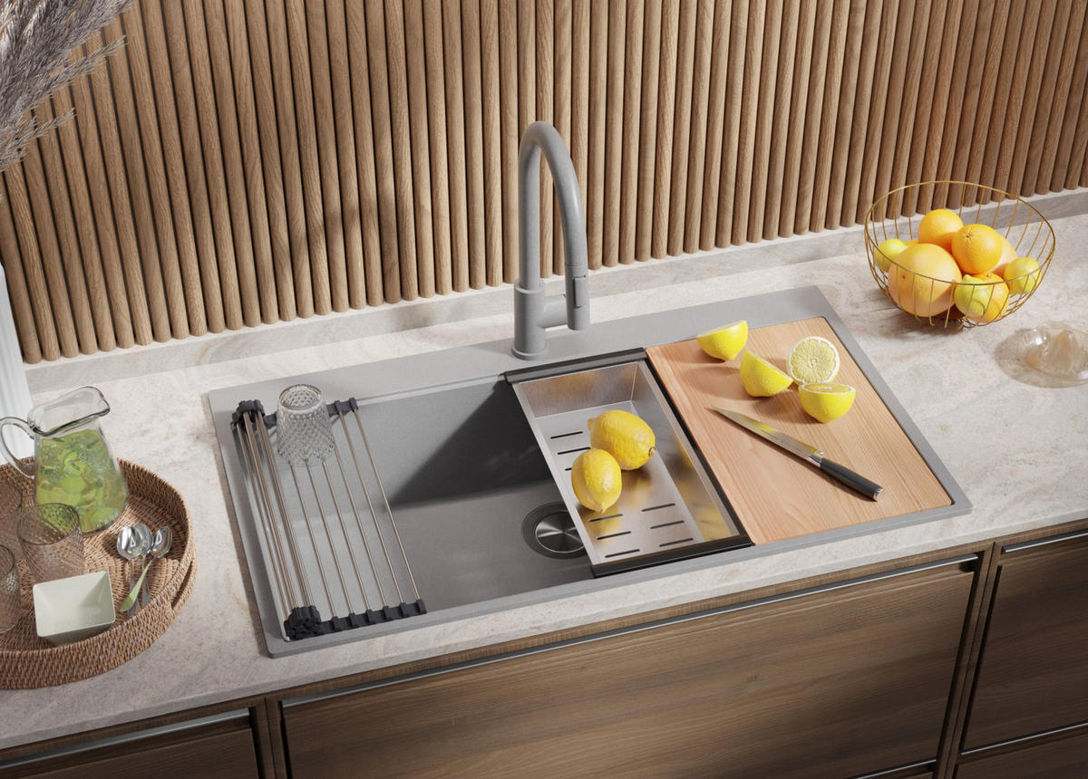 GRANITSPÜLE Oslo, 2-er set Grau 88/50 cm 1 Becken + Küchenarmatur 40/20 cm + Ablauf-Set + Schneidebrett ab 90er Unterschrank - Chromfarben/Beige, Kunststoff (88/20/50cm) - Primagran