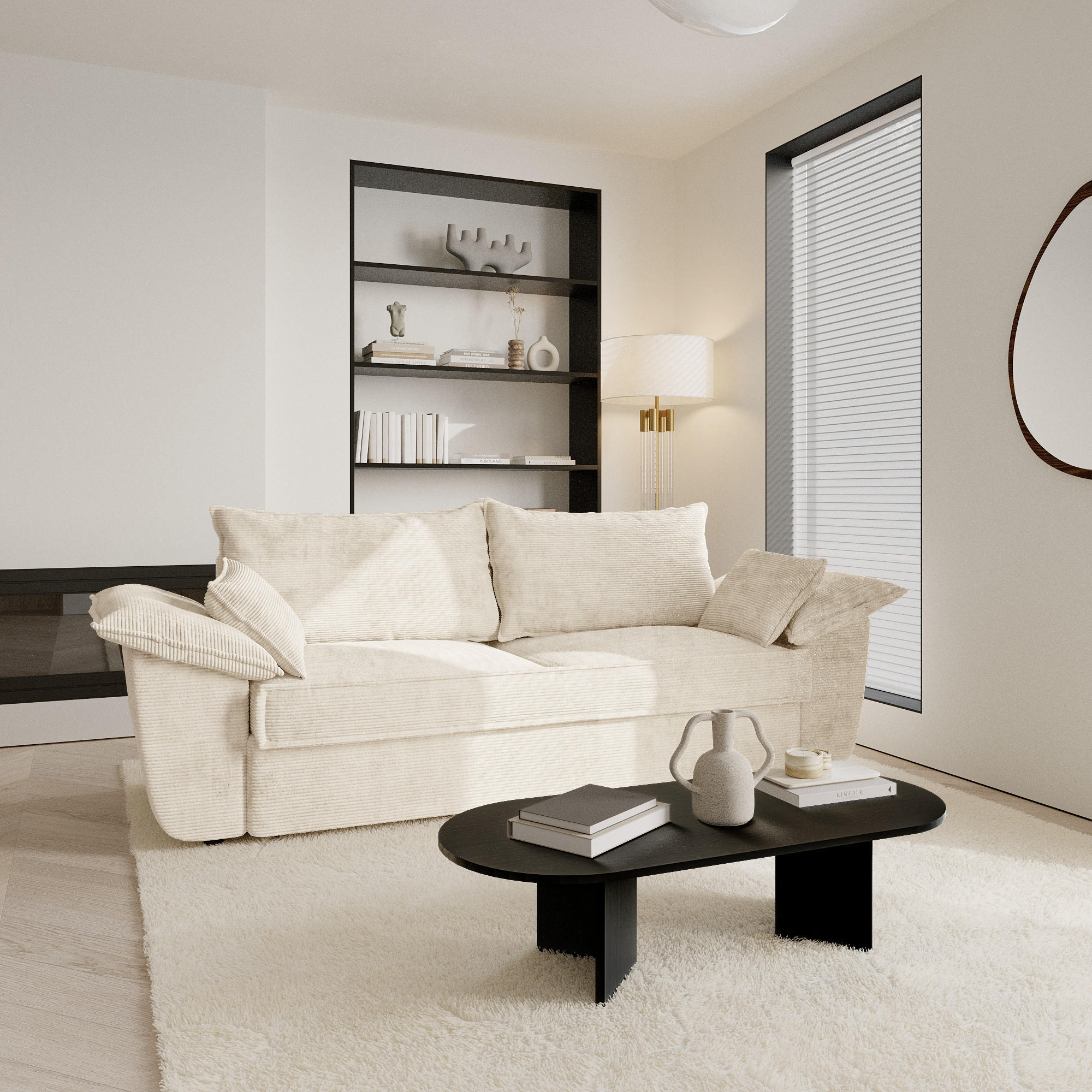 SOFA 3-Sitzer Gerippter Samt Creme 232cm - Creme, Textil (232/92/102cm) - Sia Home