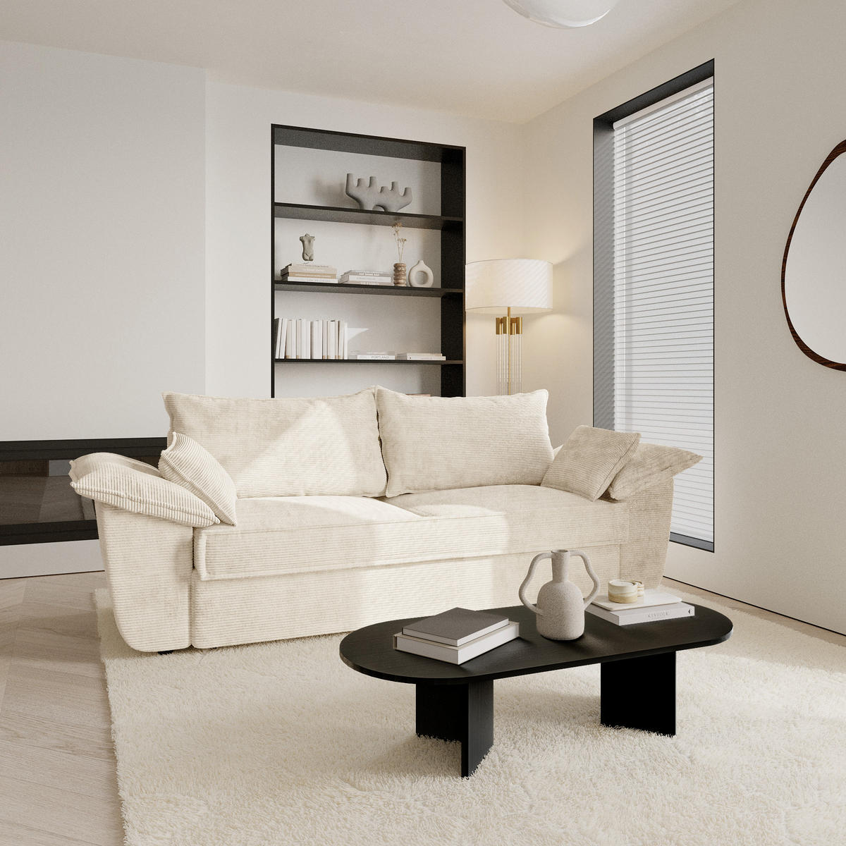 SOFA 3-Sitzer Gerippter Samt Creme 232cm - Creme, Textil (232/92/102cm) - Sia Home