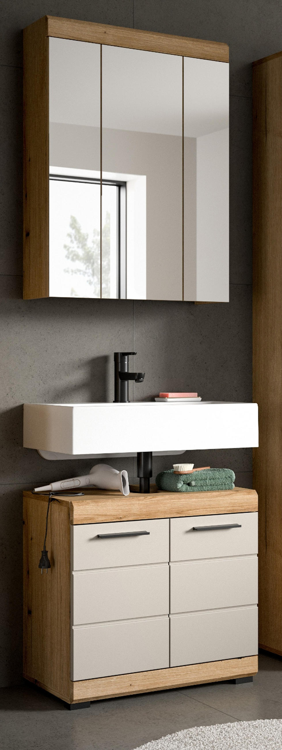 BADMÖBEL-SET 2-teilig Sand Kaschmir, Evoke Eiche, Badkombination 60 x 191 cm - Kaschmir/Eichefarben, Glas/Holzwerkstoff (60/191/34cm) - Inn.Furn