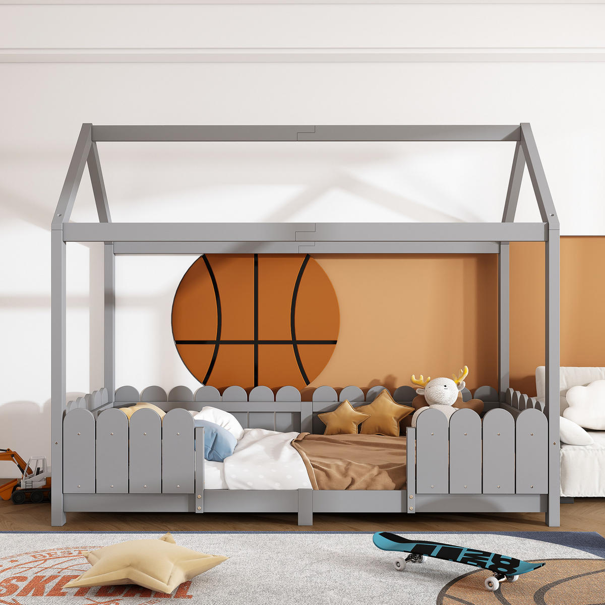 HAUSBETT 90/200 cm in Grau – mit Dach, Rausfallschutz und Lattenrost - Grau, Holz (90/200cm) - BEAOK
