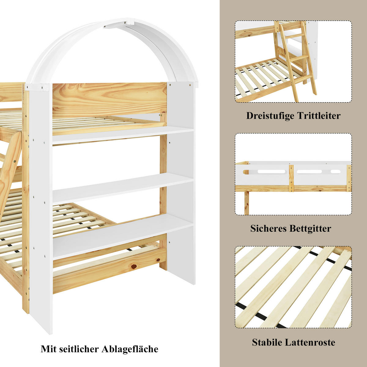 ETAGENBETT aus Kiefer und MDF 90x200 cm Weiß/Natur mit 3-stufigem Regal, Trittleiter und Bettgitter - Naturfarben, Holzwerkstoff (90/200cm) - Modfu