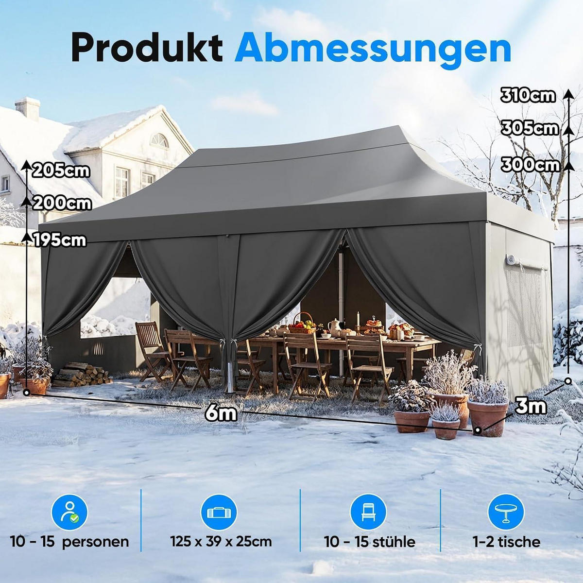 FALTPAVILLON 3x6m Grau wasserdicht mit Seitenwänden - Grau, Textil (585/310/293cm)