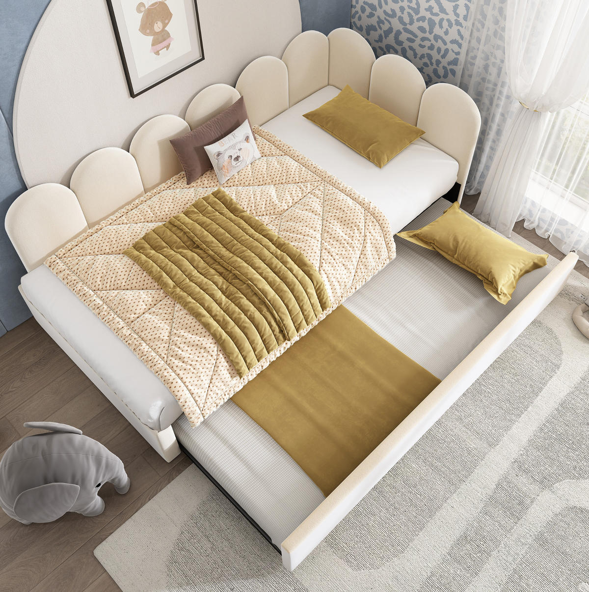 KINDERBETT Polsterbett 90/200 cm aus Samt mit Ausziehbett Beige - Beige, Textil (90/200cm) - Modenvie