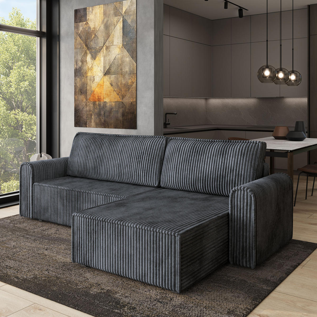 ECKSOFA VALTINO Graphitfarben Kordstoff mit Schlaffunktion - Graphitfarben, Holz (275/148cm) - MASSENO