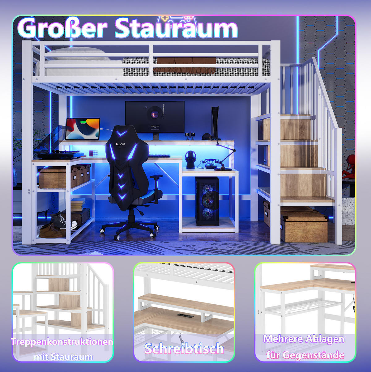 HOCHBETT 90/200 cm in Weiß mit LED-Beleuchtung, Schreibtisch und USB-Anschluss - Weiß, Metall (90/200cm) - Flora Grace