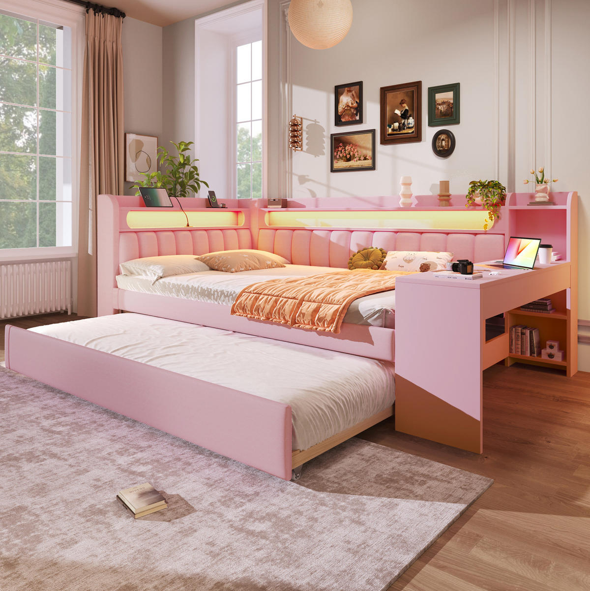 TAGESBETT 140/200 cm, Rosa mit Ausziehbett, LED und USB-Anschluss - Pink, Textil (140/200cm) - MIVRAY