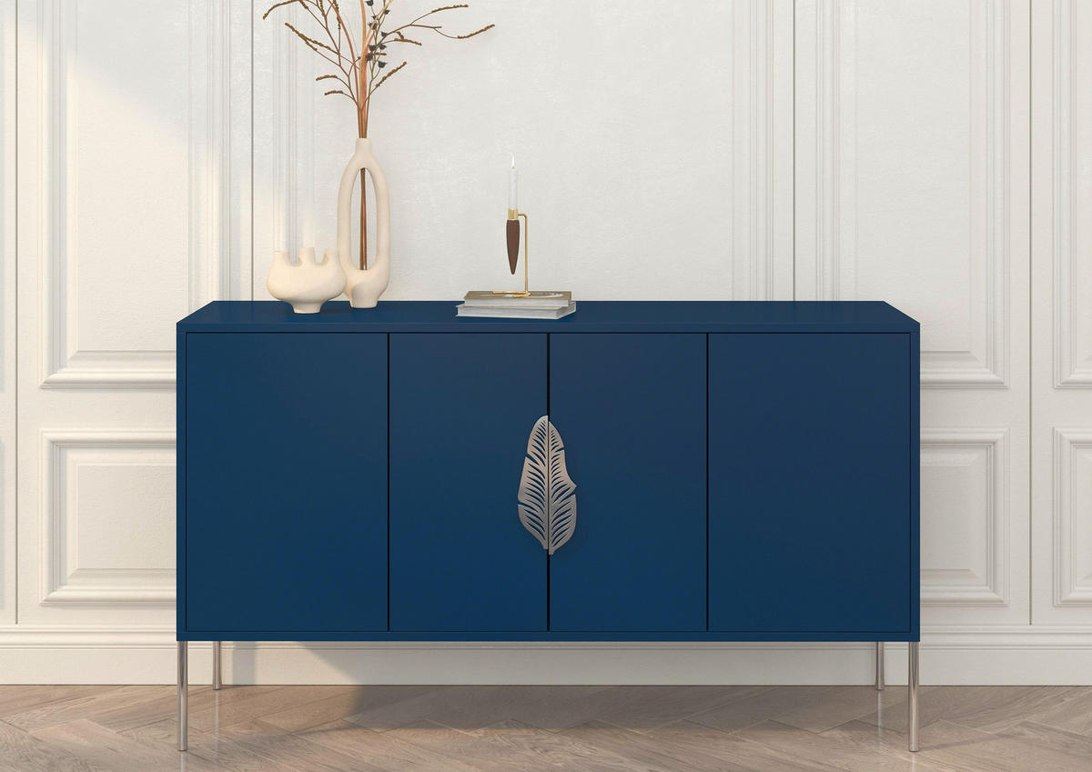 SIDEBOARD Merlin, Marinblau, Silberfarbene Details - Silberfarben/Dunkelblau, Holzwerkstoff/Metall (138/79/40cm) - Skandica