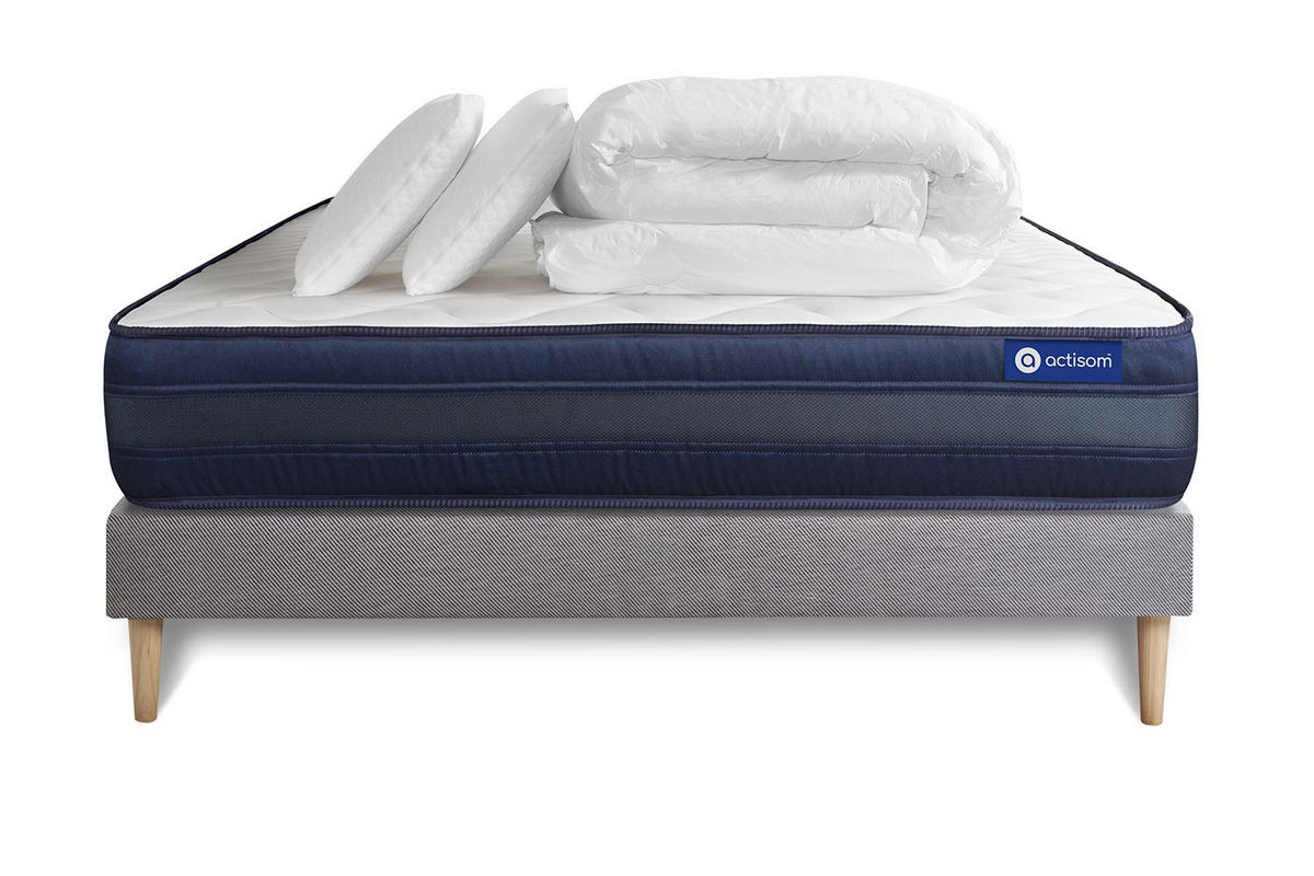 BETT Actiflex tech Taschenfederkern und Memory-Schaum 180 x 200 cm h4 - Kit Bettgestell Grau - Mit Kissen und Bettdecke - Beige/Grau, Holz/Textil (180/200cm) - ACTISOM