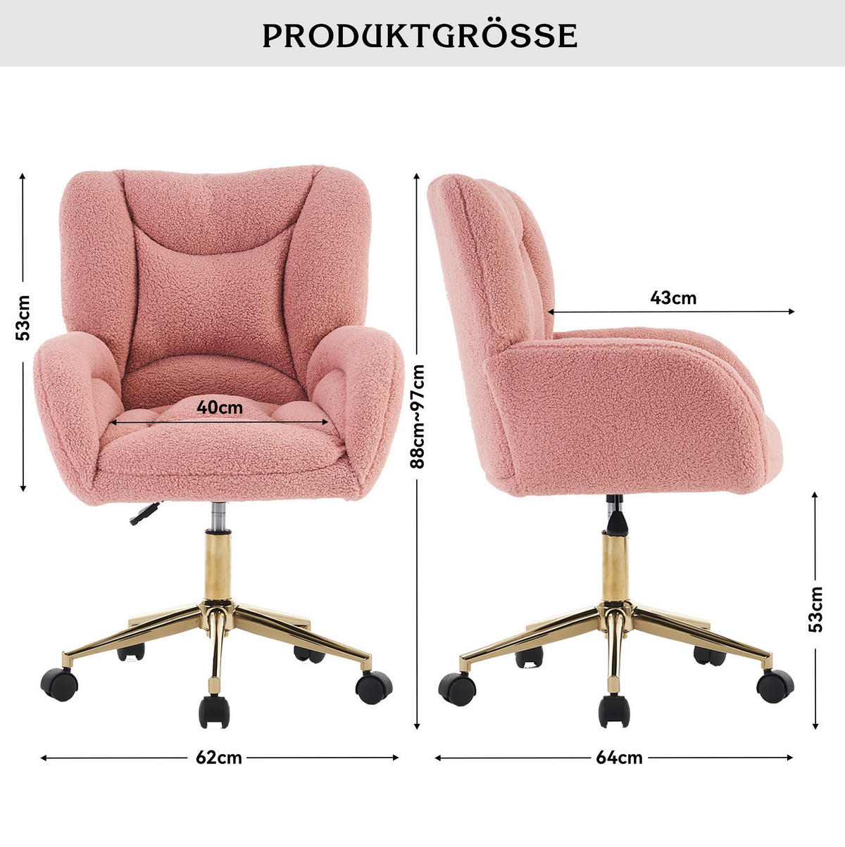 KANCELÁŘSKÁ židle 64/62/92,5 cm růžová z teddy látky s nastavitelnou výškou a kolečky - růžová, textil (62/92.5/64cm) - OKWISH