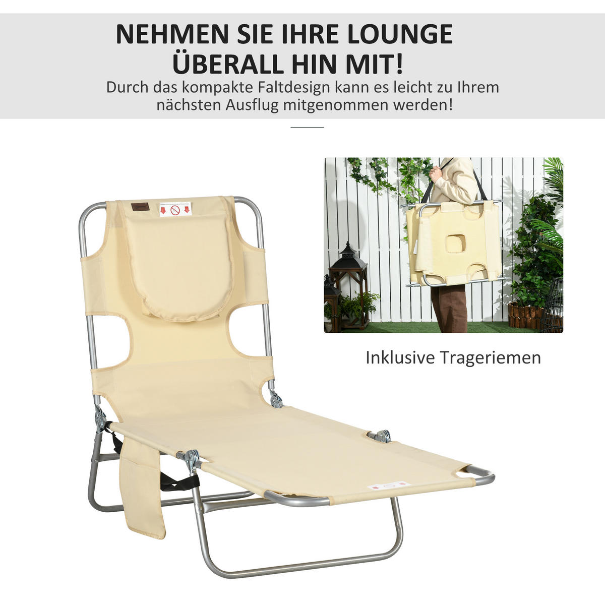 SONNENLIEGE mit Gesichtsöffnung Beige 185/55/81 cm - Beige, Textil/Metall (55/29/185cm) - Outsunny