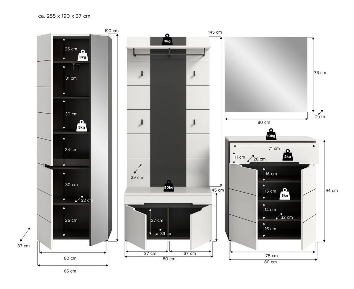 GARDEROBEN-SET CANU (B/H/T: ca. 255/190/37 cm) in Basalt grau/weiß - Grau, Holzwerkstoff (255/190/37cm)