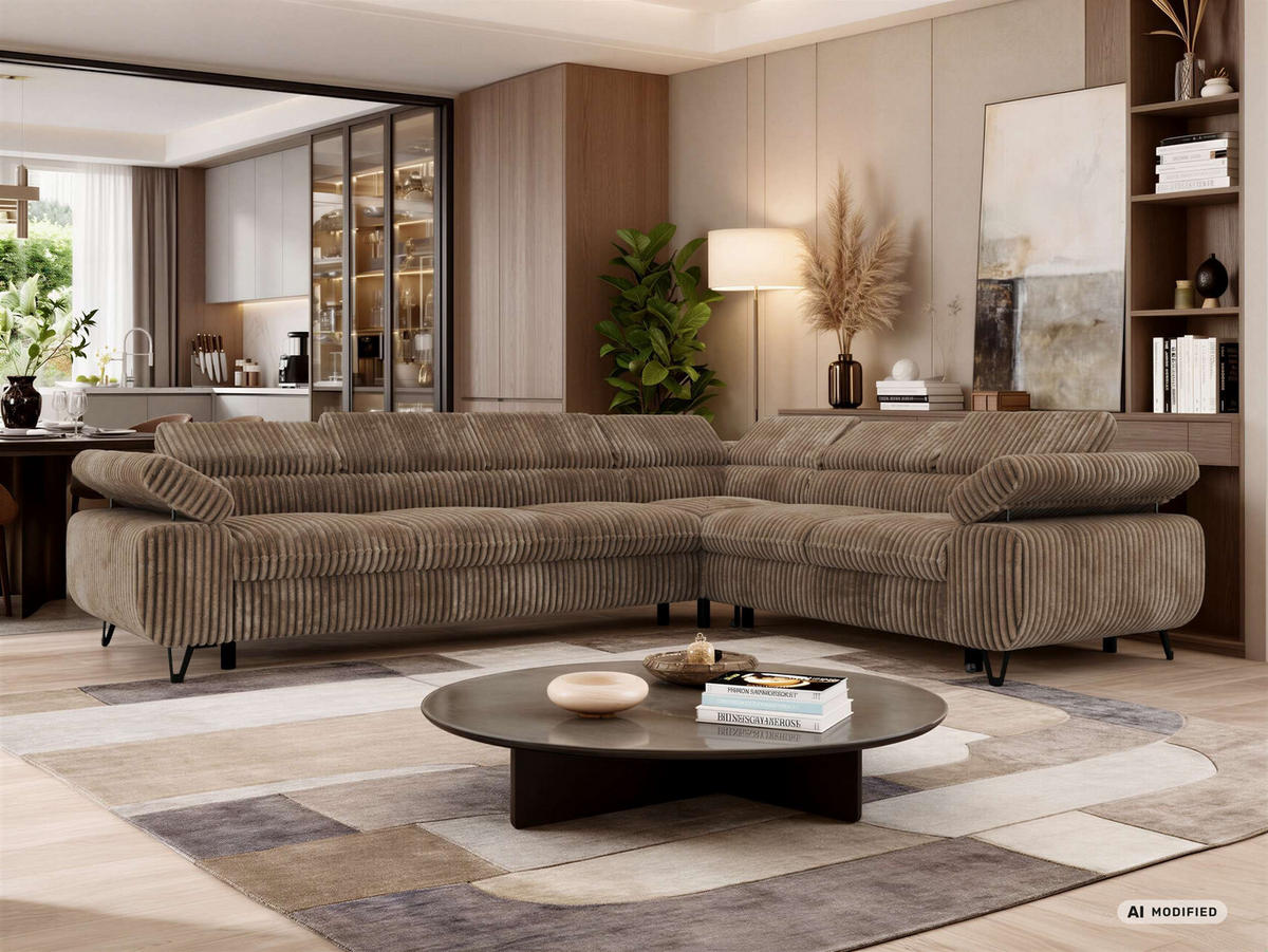 ECKSOFA NORDEN L - Braun Cord - Links Seite - Schwarz/Braun, Textil/Metall (269/329cm) - MKS