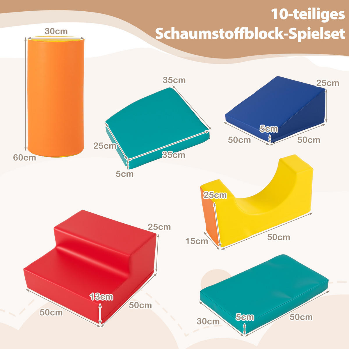 PĚNOVÝ BLOK barevný (10dílný) - různobarevná, plast (50/25/50cm) - COSTWAY