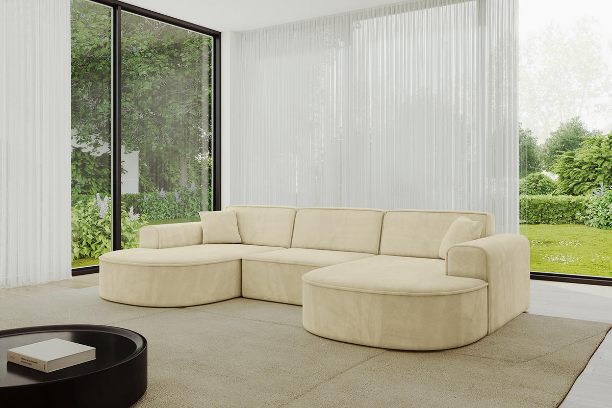 WOHNLANDSCHAFT MARI-U1 - 303x171x79 cm Beige Velours - Beige/Schwarz, Holzwerkstoff/Kunststoff (303/79/171cm) - ALTDECOR