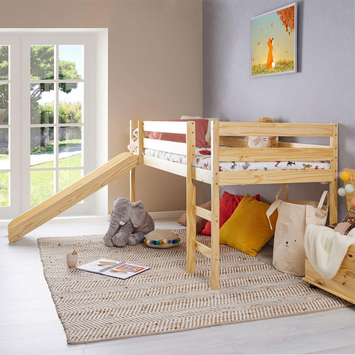 HOCHBETT MIT RUTSCHE BENNY 90X200 CM - Naturfarben, Holz (97/113/207cm) - IDIMEX