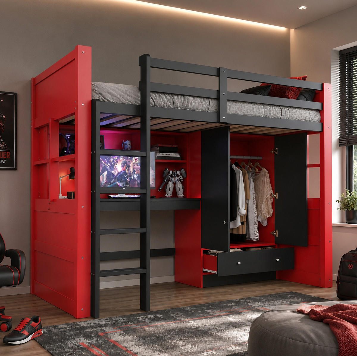 HOCHBETT 90/200 cm aus Holz mit LED-Beleuchtung Steckdosen Kleiderschrank und Schubladen Schwarz und Rot - Rot, Holz (90/200cm) - Modenvie