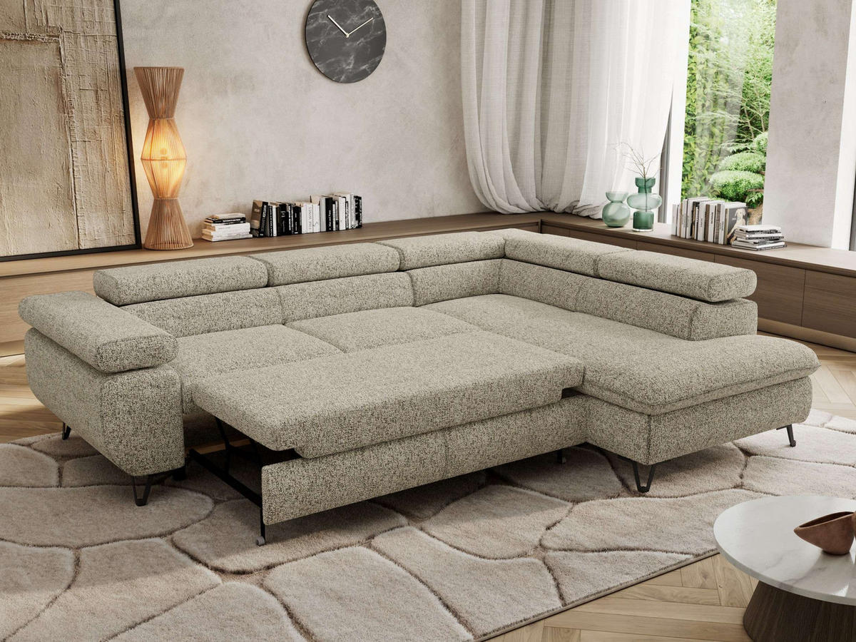ECKSOFA PABLO L Beige Struktur - Rechts Seite mit T25 Topper - Beige/Schwarz, Textil/Metall (273/208cm) - MKS