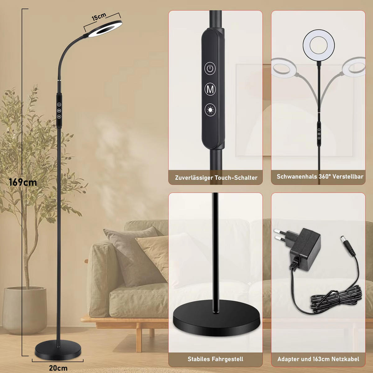LED-STEHLEUCHTE Dimmbar 1800–6000K 360° Drehbar Nachtlicht Memory Funktion - Schwarz, Kunststoff/Metall (1/1/1cm) - Kaket
