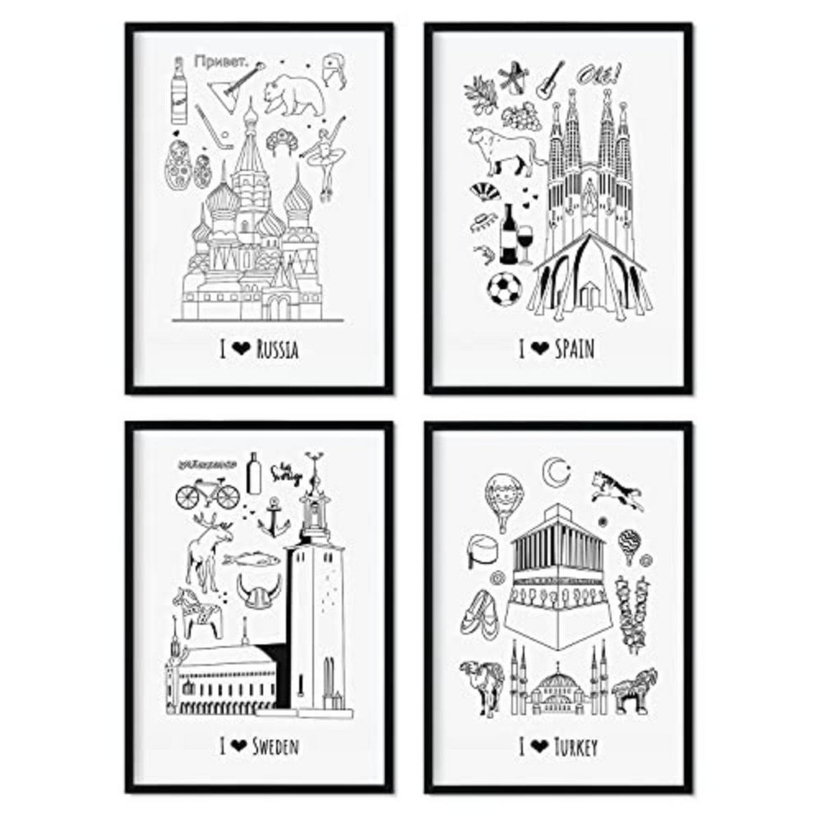 POSTER Set mit 4 Blättern Europa 3 A3 Schwarzer Rahmen - Schwarz, Papier (29.7/3cm) - Nacnic