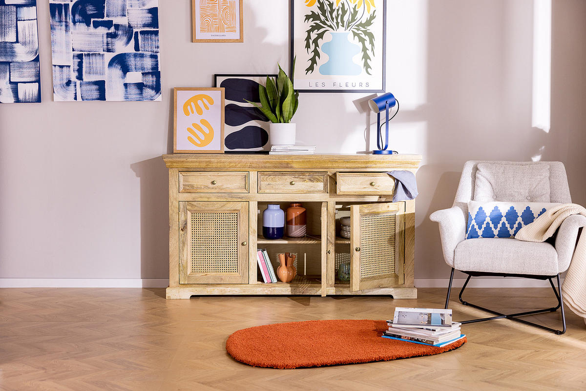 MASSIVES SIDEBOARD mit 3 Schubladen - Mango / Beige - Beige/Goldfarben, Holz/Naturmaterialen (160/90/40cm) - home24