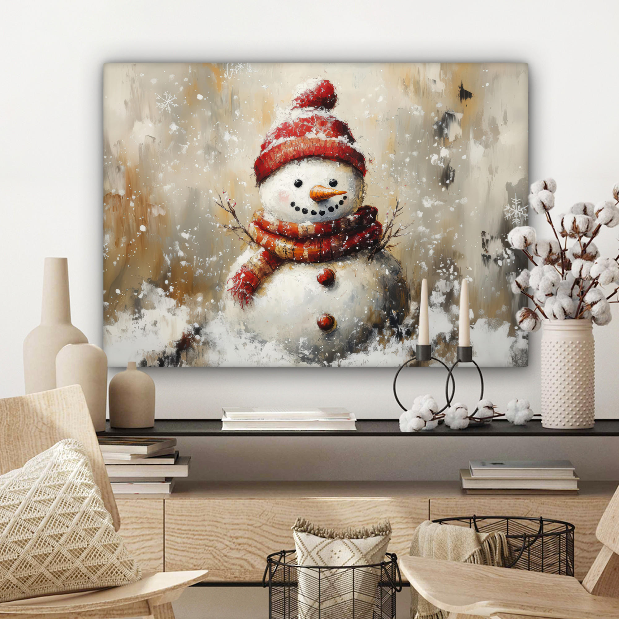 LEINWANDBILD Schneemann - Winter - Schnee - Beige Wandbilder 80x60 cm - Weiß, Textil (80/60cm) - MuchoWow