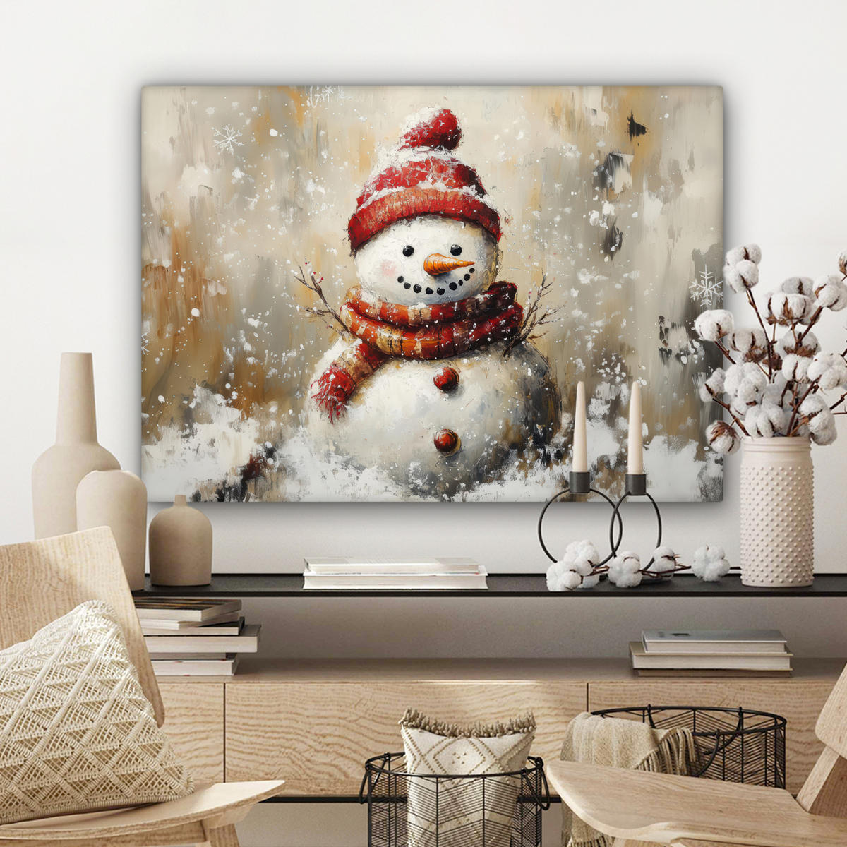 LEINWANDBILD Schneemann - Winter - Schnee - Beige Wandbilder 80x60 cm - Weiß, Textil (80/60cm) - MuchoWow