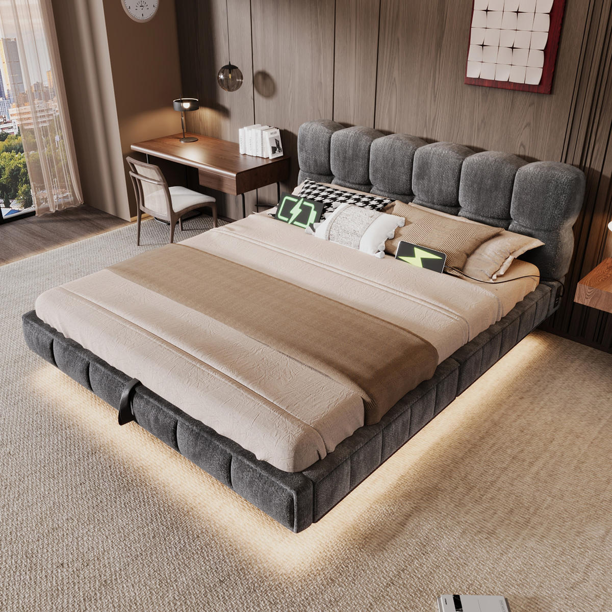 POLSTERBETT 140/190 mit Bettkasten, LED und USB-/Typ-C-Ladestation im Bubble-Design in Grau - Grau, Holzwerkstoff/Textil (140/190cm) - EVRYAE