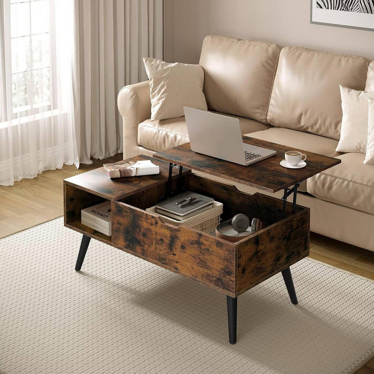 COUCHTISCH höhenverstellbar(47-53 cm), mit Stauraum, Vintagebraun - Dunkelbraun/Schwarz, Holzwerkstoff/Metall (50/100/43cm) - Woltu