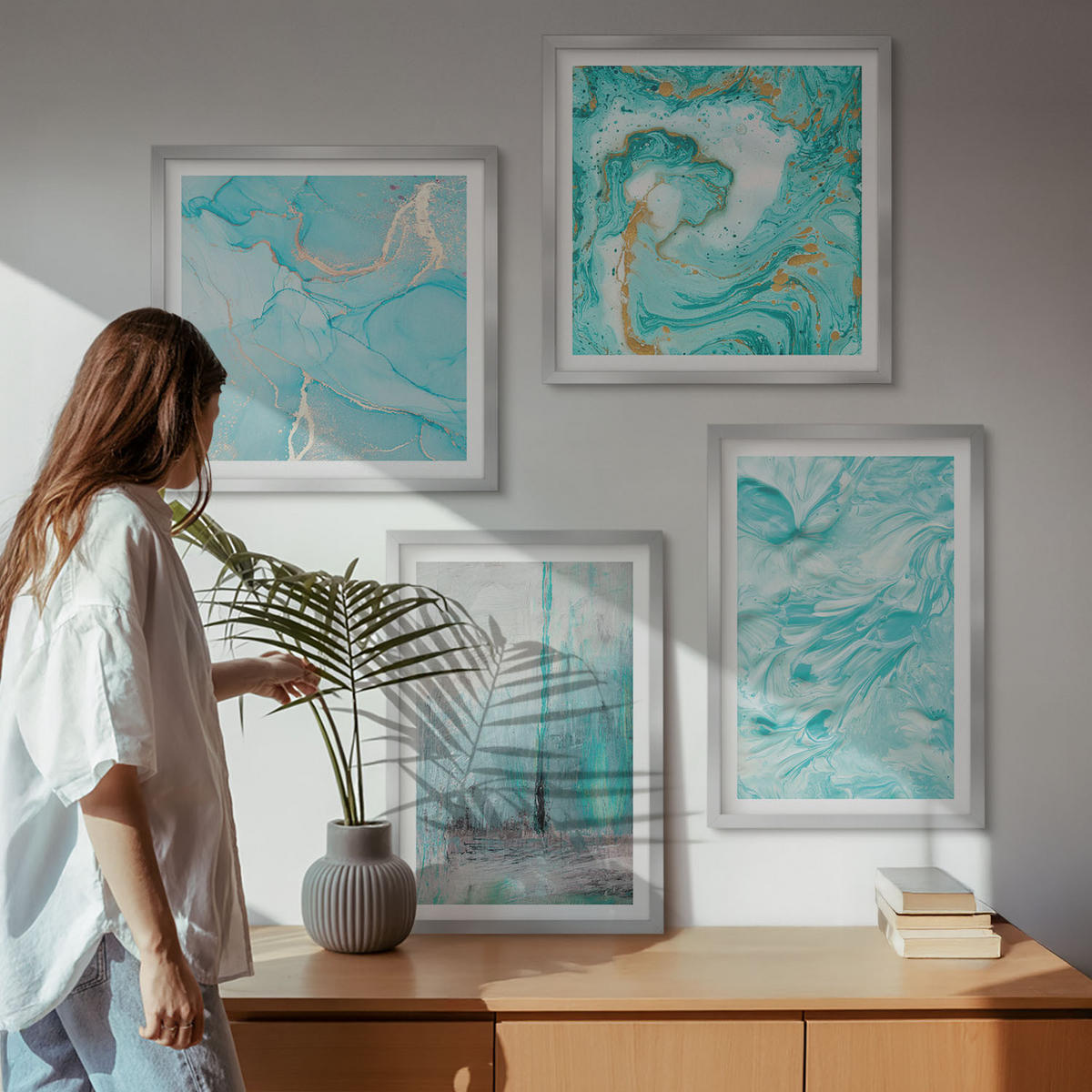 WANDBILDER 4er Set - 50x50 cm & 40x60 cm Silberner Rahmen - abstrakte Muster in Blautönen - Silberfarben, Kunststoff (50/50cm) - ArtPrintCave