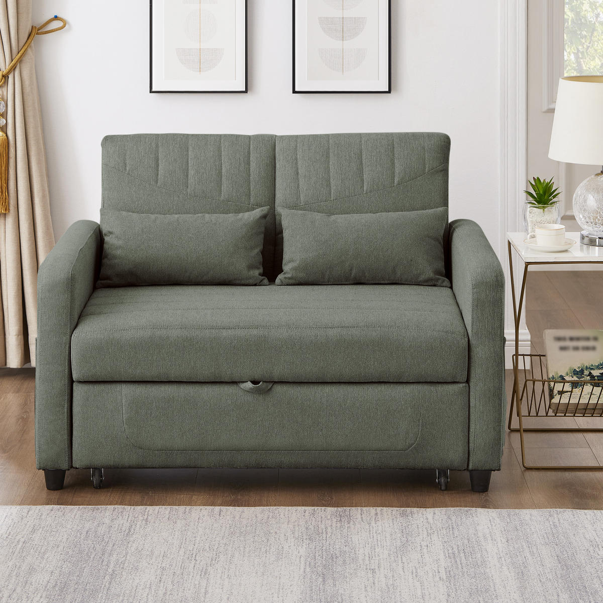 SOFABETT Baumwoll-Leinen mit ausziehbarer Schlaffunktion Olivgrün 114/77/82,5 cm - Olivgrün, Textil (77/82.5/114cm) - Redom