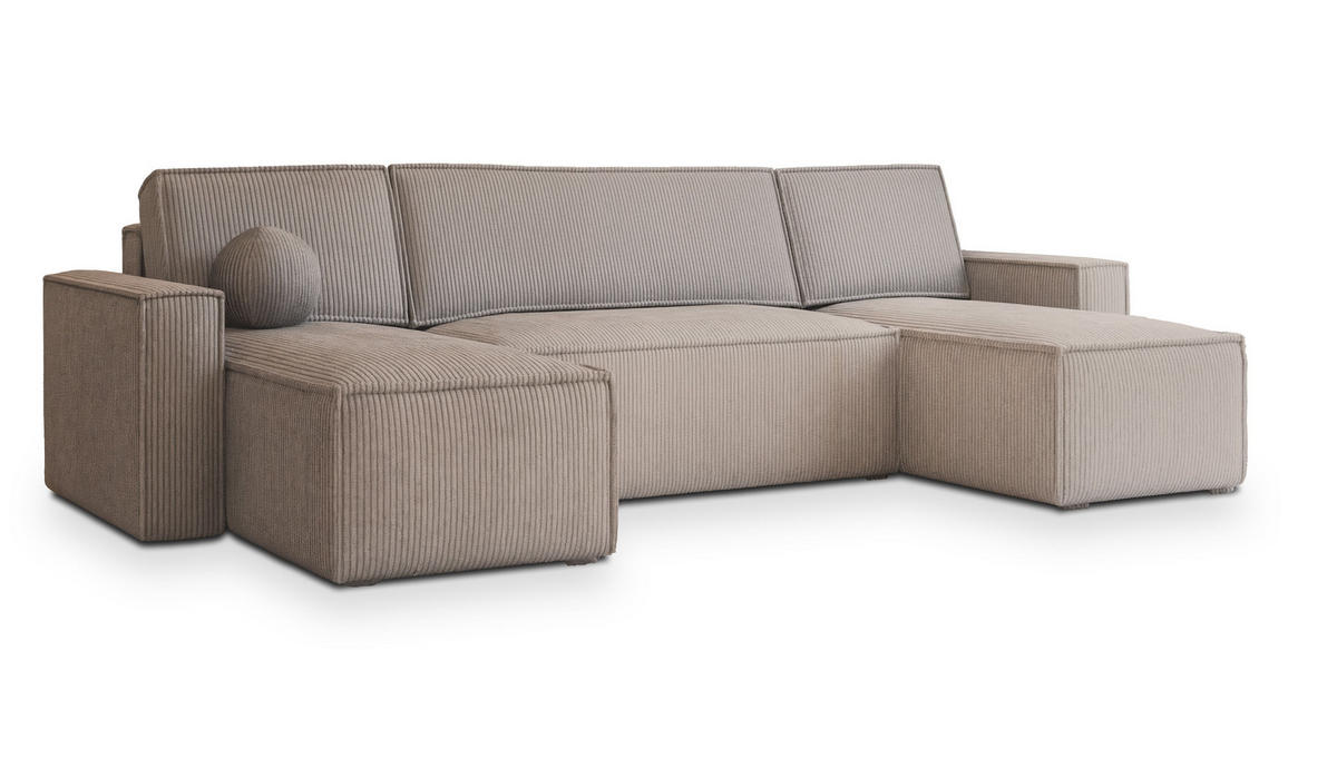 WOHNLANDSCHAFT PESANO P Beige Kordstoff mit Schlaffunktion - Beige, Holz (306/85/140cm) - MASSENO