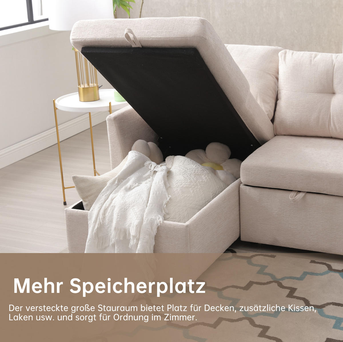 ECKSCHLAFSOFA Cord mit Stauraum und umbaubarer Ottomane Beige 206/108/66 cm - Beige, Textil (108/206cm) - Redom