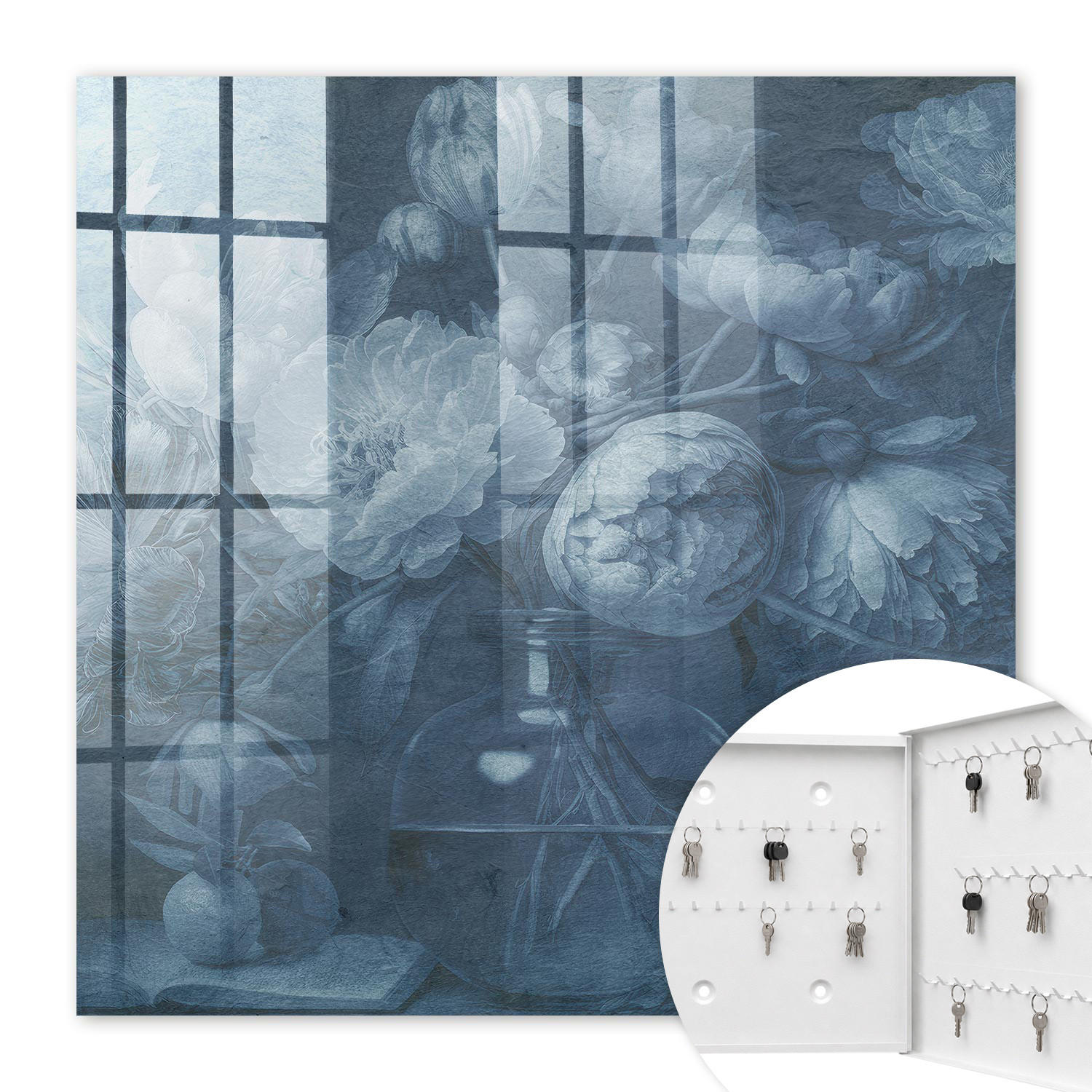 SCHLÜSSELBOX Weiß 30x30 cm – Türöffnung nach rechts - Blumen in einer Vase - Blau, Metall (30/30/5cm) - TULUP
