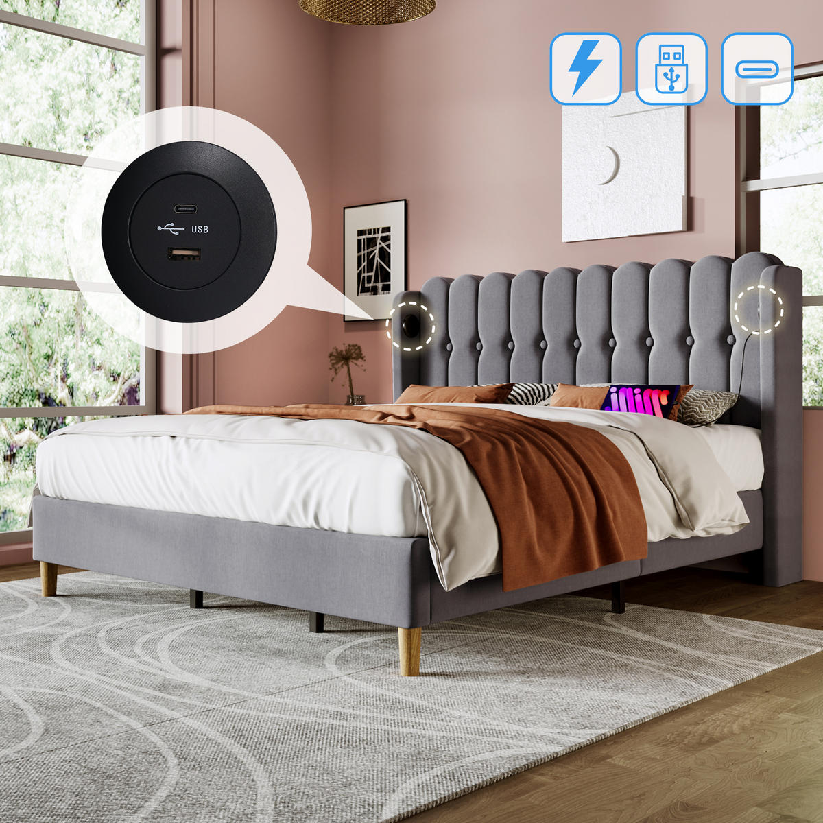 POLSTERBETT 180/200 cm in Grau Leinen mit USB Typ C Ladefunktion - Grau, Holz/Textil (180/200cm) - KOMHTOM