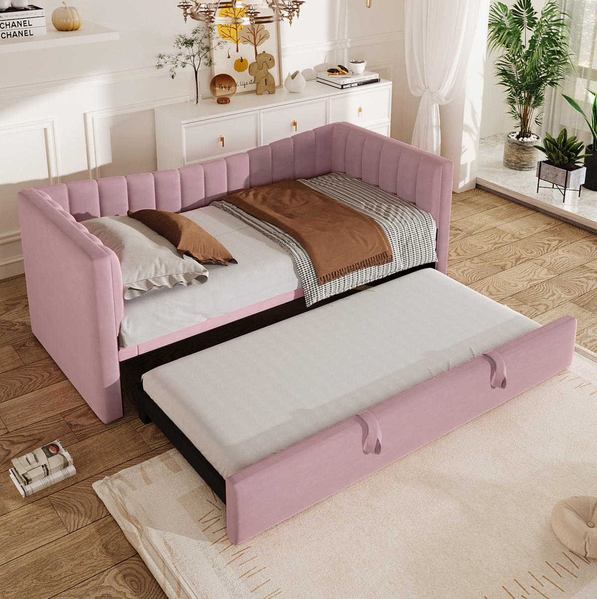 TAGESBETT 90/200 cm mit ausziehbarem Rollbett, Samtbezug und MDF-Gestell, Rosa - Rosa, Textil (180/200cm) - Redom