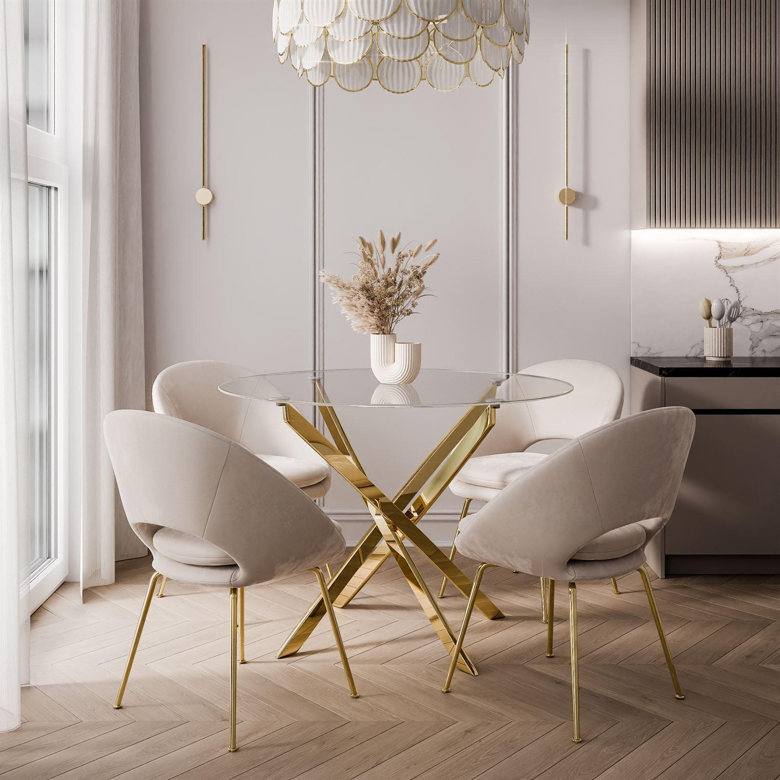 ESSTISCH BEIRA Runder Tisch 90 cm mit Glasplatte und Gold Tischbeine - Chromfarben/Goldfarben, Glas (90/90/72cm) - Lookway