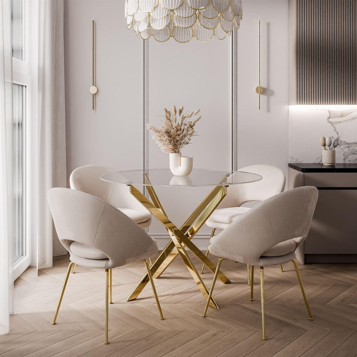 ESSTISCH BEIRA Runder Tisch 90 cm mit Glasplatte und Gold Tischbeine - Chromfarben/Goldfarben, Glas (90/90/72cm) - Lookway