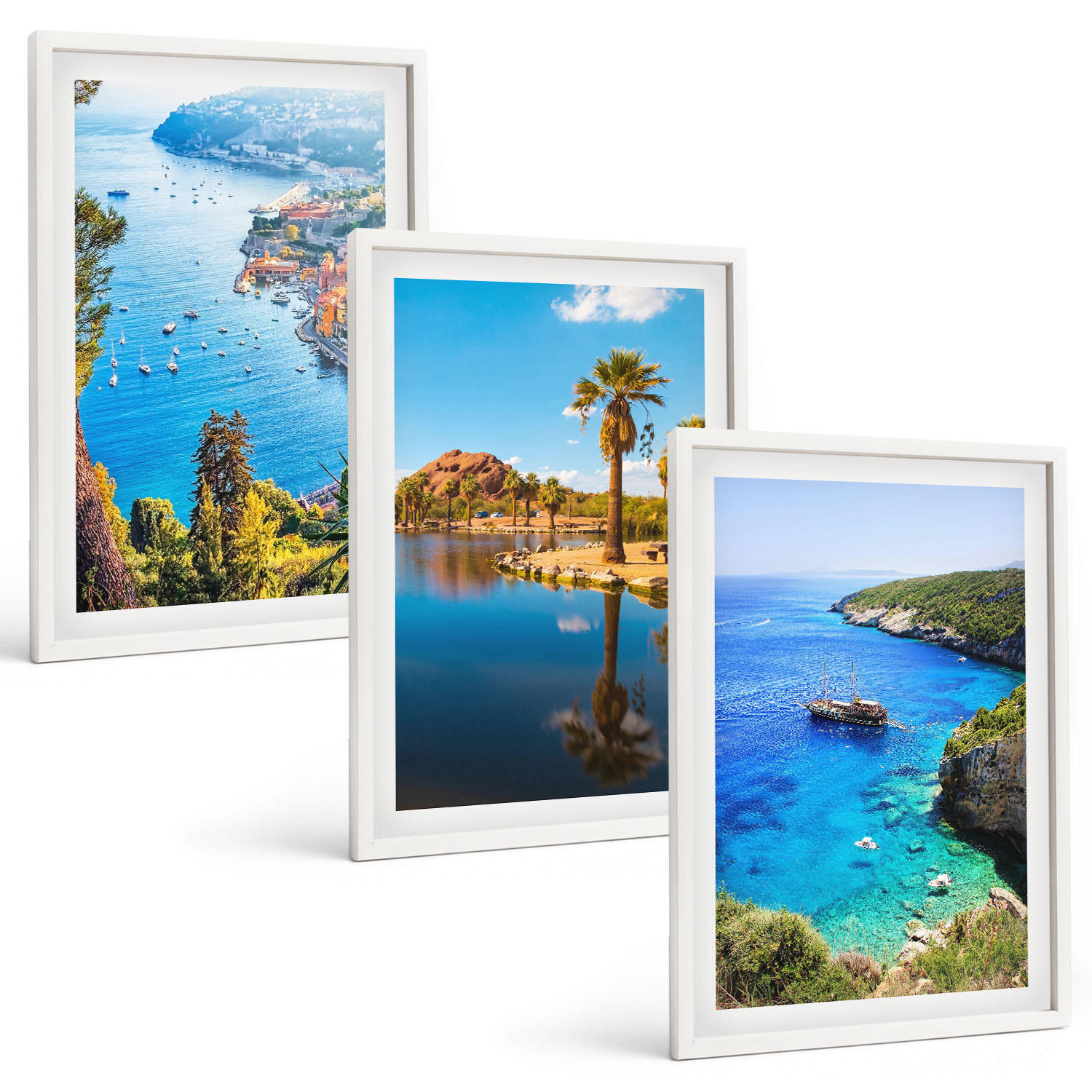 BILDER SET 3er Set - 40x60 cm Weißer Rahmen - Palmen am Meer, blaues Wasser - Weiß, Kunststoff (40/60cm) - TULUP