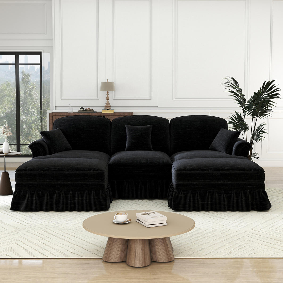 ECKSOFA 272/140/93 cm schwarz aus Chenille mit abnehmbarem Volant und beweglichem Hocker - Schwarz, Textil (140/272cm) - OKWISH