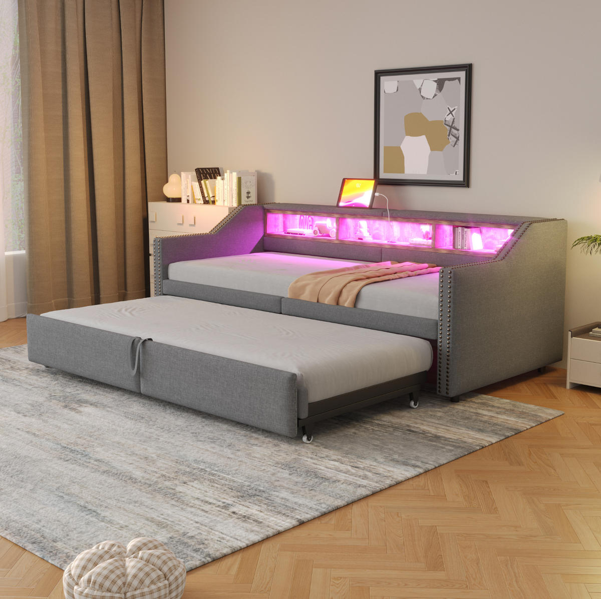 BETT 90/180 x 200 cm mit Auszug, USB und LED – inkl. 2 Matratzen - Hellgrau, Textil (90/200cm) - BEAOK