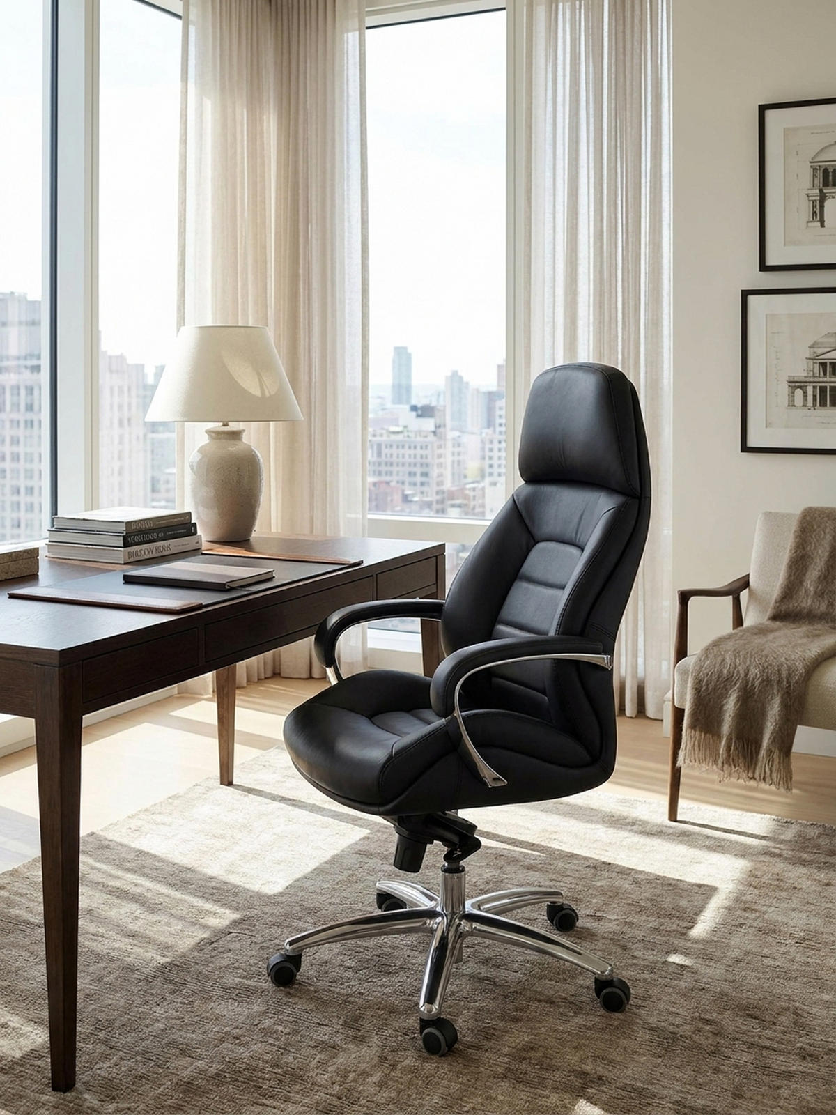 CHEFSESSEL Leder mit Multiblockwippmechanik bis 120 kg MIRON, Schwarz 67x67x137 cm - Silberfarben/Schwarz, Leder/Metall (67/137/67cm) - KADIMA DESIGN