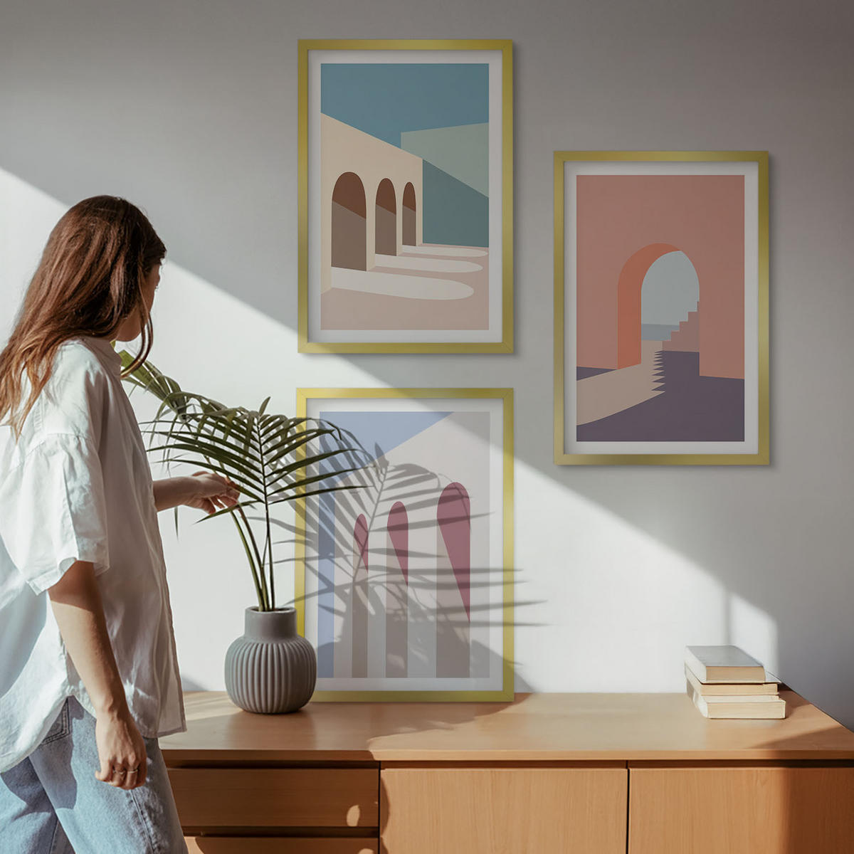 WANDBILDER 3er Set - 40x60 cm Goldrahmen - Architekturgrafiken in Pastellfarben - Goldfarben, Kunststoff (40/60cm) - ArtPrintCave