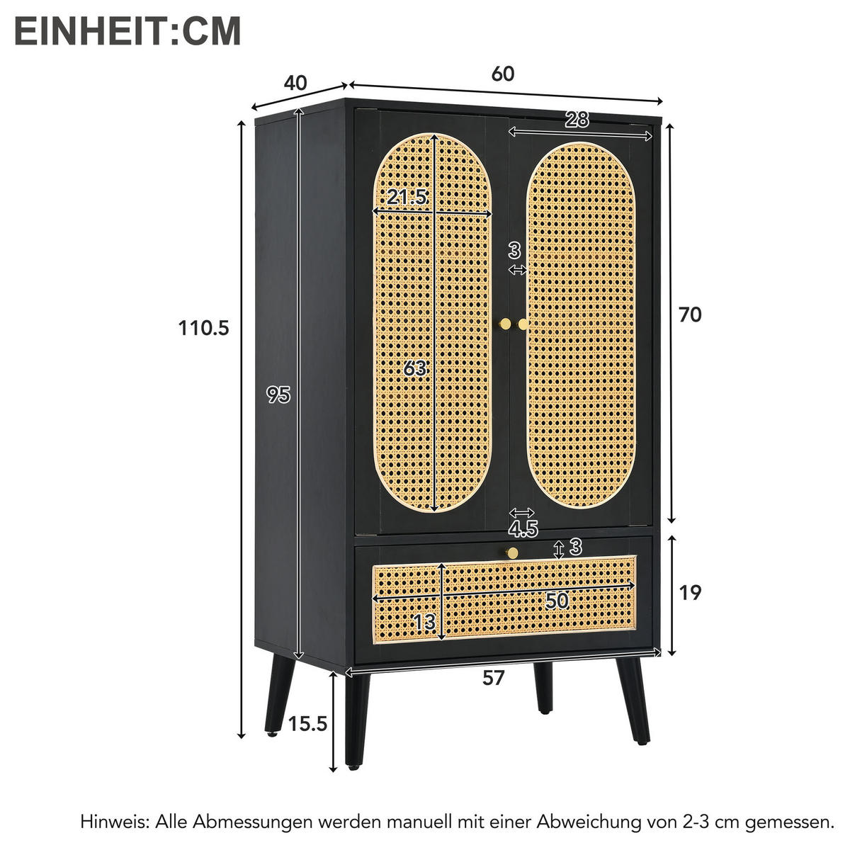 HIGHBOARD Schwarz 60/40/110 cm - Schwarz, Holzwerkstoff (60/110.5/40cm) - Urban Meuble