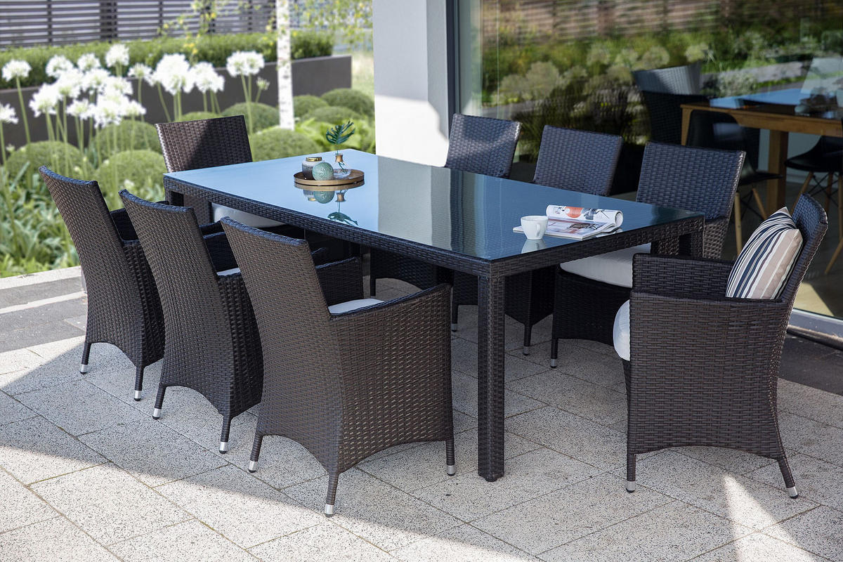 GARTENMÖBEL SET 8-Sitzer Rattan dunkel braun Auflagen weiß Italy - Braun/Weiß, Kunststoff - Beliani