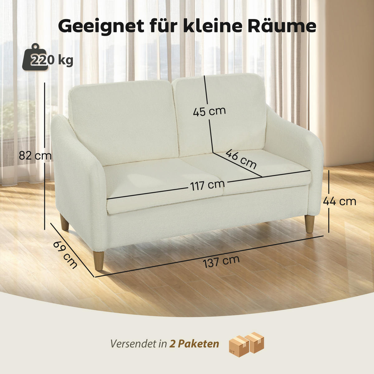 2-SITZER-SOFA DE-06558 kleine Couch mit Sherpa-Fleece-Optik, 137 cm Cremeweiß - Creme, Holz/Textil (137/82/69cm) - ComfortXL